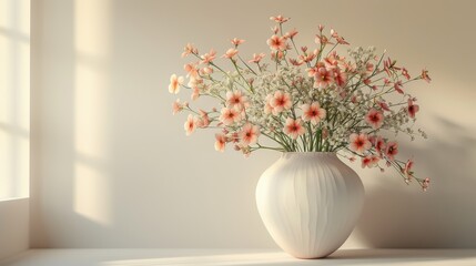 Detailed 3D render of a classic vase with flowers, with soft pastel tones on a light background, ideal for home decor visuals