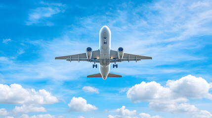 Obraz premium A passenger airplane flying in blue sky, view from bottom up.