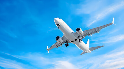 Fototapeta premium A passenger airplane flying in blue sky, view from bottom up.