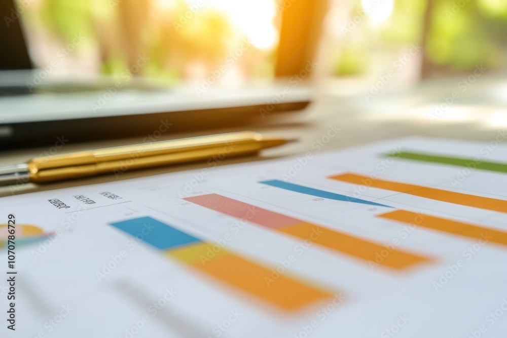 Poster A Gold Pen Resting on a Table with a Colorful Bar Chart and a Laptop in the Background