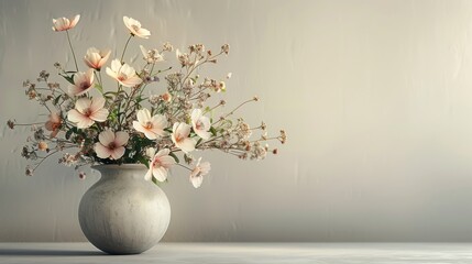 Detailed 3D render of a classic vase with flowers, with soft pastel tones on a light background, ideal for home decor visuals