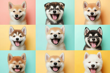 Fototapeta premium Happy Shiba Inu puppies in a colorful display with smiling faces on pastel backdrops at a pet photography session. Generative AI