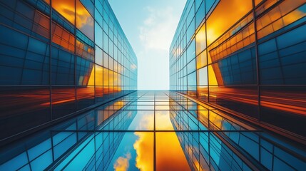 Obraz premium Colorful modern glass office building camera shot from bottom to top view at night