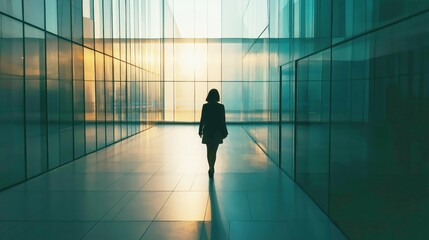 Silhouette of businesswoman off from work walking at lobby corridor of office building during sunset