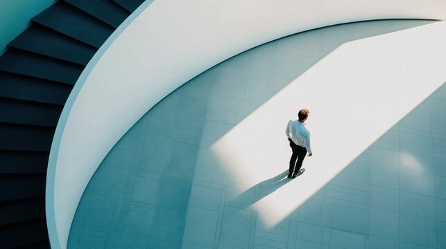 Businessman stands next to staircase of office building thinking of which way to go