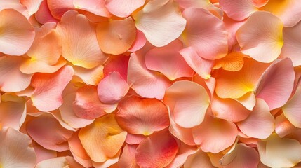 Fototapeta premium A close-up texture of delicate rose petals in soft pink and orange hues, symbolizing love, beauty, romance, and the ephemeral nature of life.