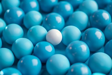 White ball standing out in a sea of blue balls, representing top talent, simple and clear backdrop