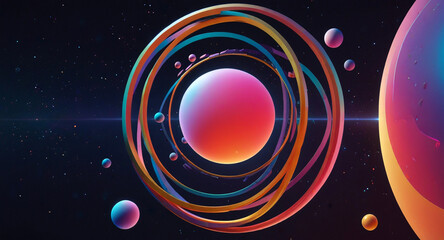 A contemporary, minimalist vector design that uses geometric shapes to evoke cosmic elements spheres symbolize planets, and flowing lines and curves depict celestial bodies