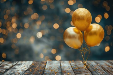 Fototapeta premium Shimmering golden balloons, rustic wooden table, festive sparkles, bokeh Christmas theme, copy space for text
