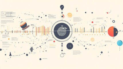 Obraz premium Scientific infographic illustrations displaying planets, graphs, and data points in a creative layout.