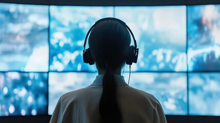 A woman wearing headphones stands in front of a large video wall, her back to the camera, watching a screen filled with moving imagery.