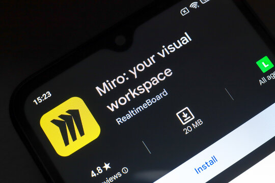 November 8, 2024, Brazil. In this photo illustration, the Miro: Your Visual Workspace app logo is displayed on a smartphone screen