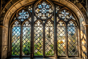 Fototapeta premium A stunning Gothic window with intricate stained glass, showcasing light patterns and a view of greenery outside.