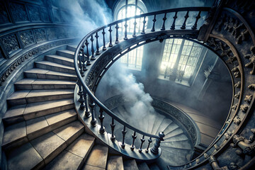 Fototapeta premium A grand, spiraling staircase winds upward, enveloped in mist and illuminated by soft light streaming through large windows.