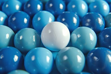 White ball standing out in a sea of blue balls, representing top talent, simple and clear backdrop