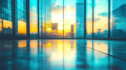Fototapeta premium Corridor of glass office building during sunset reflection of city buildings on floor