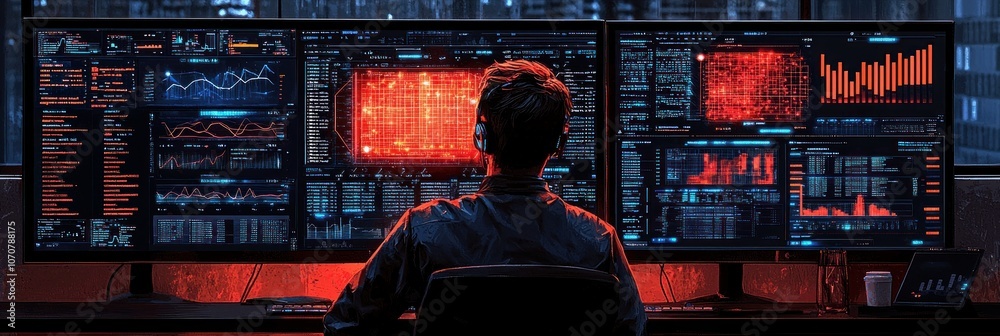 Aufkleber Hacker Working on Multiple Monitors with Red and Blue Data Displays