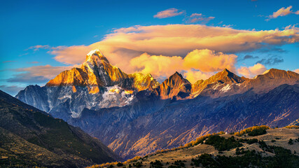 Aerial view of Siguniangshan at sunset, Sichuan in China.