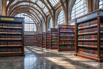 A grand library interior featuring tall bookshelves filled with books under a beautifully arched ceiling and large windows.