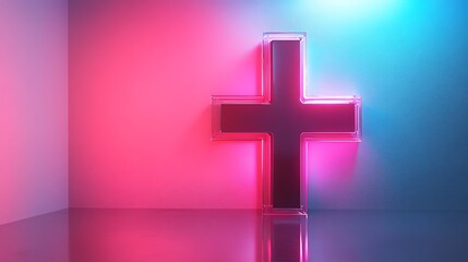 Fototapeta premium Neon cross symbol illuminated with vibrant pink and blue lights on reflective surface