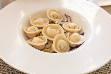 A hand on the plate of meat dumplings with purple cabbage and white sauce. Traditional cuisine, food photo,