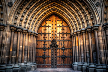 Obraz premium A grand wooden door with intricate arches and ornate details, welcoming visitors into a historic structure.