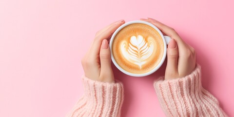 Coffee Cup. Female Hands in Wool Sweater Holding Cappuccino. Top view Woman with White Mug of Latte. Close Up. Hygge Winter Mood. Cappuccino with Leaf Shape Art Milk Foam on a Pink Desk. Thick Froth.