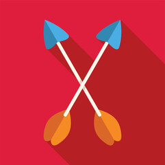 Two arrows crossing each other forming an x shape, with blue arrowheads and orange fletchings, symbolizing direction, archery, or opposite forces