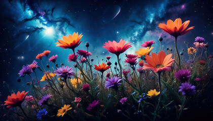 Fototapeta premium Vibrantly colored flowers set against a deep, galactic sky, creating a surreal, cosmic landscape.
