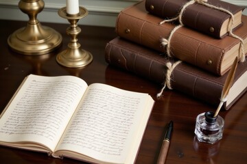 Vintage writing scene with open journal, ink pot, and leather-bound books on wooden desk.
