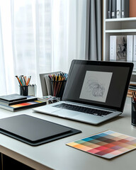 A modern home office desk with a laptop, drawing tablet, and color swatches.