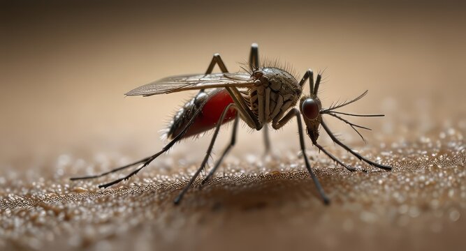 Mosquito bites skin close-up with drinking blood with red body.	