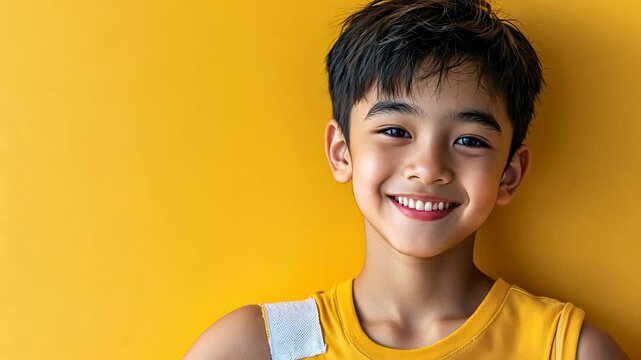 A young boy smiles brightly against a yellow background