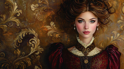 Portrait of a young woman with a Victorian hairstyle, painted in a glamorous and attractive style