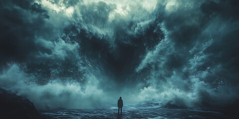 A lone figure, silhouetted against the towering wave, stands frozen in the face of the cold, restless ocean. The blue-gray hues and turbulent waters create a haunting sense of isolation