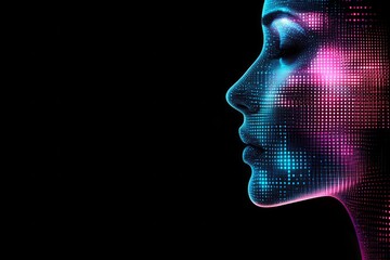 Obraz premium Neon outline of a human face in profile with a vibrant digital effect in blue and pink colors