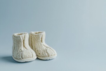 Close up of wool baby booties. Pregnancy concept, Pairs of baby shoes on a light blue background. Gender neutral baby garment and accessories. Organic newborn bootie, fashion, branding, small business