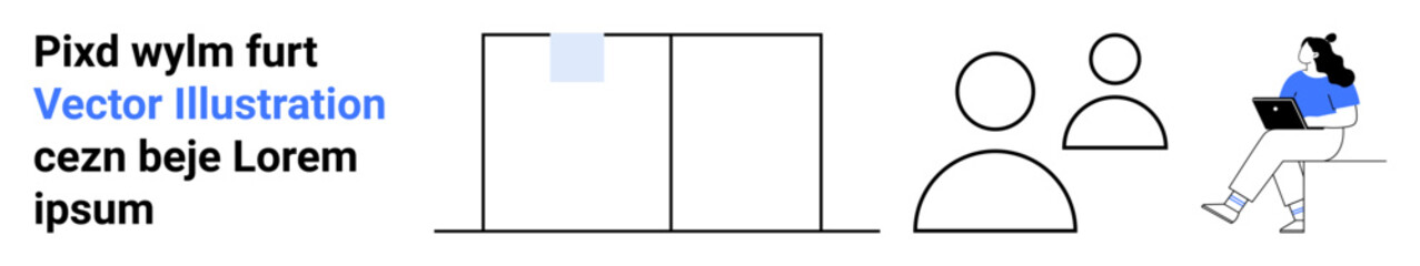 Bulletin board with note, two team member icons, and a woman using a laptop. Ideal for office, teamwork, project management, remote work, organization, planning, creative environments. Landing page