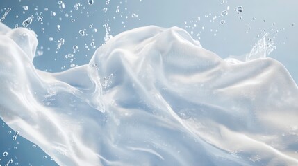 White fabric with dirt particles against blue backdrop with a drop of water. Washing, clean concept. 3D rendered illustration.