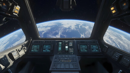 Futuristic Spaceship Interior with Detailed Instruments and Control Panels, Overlooking Planet Earth from Space