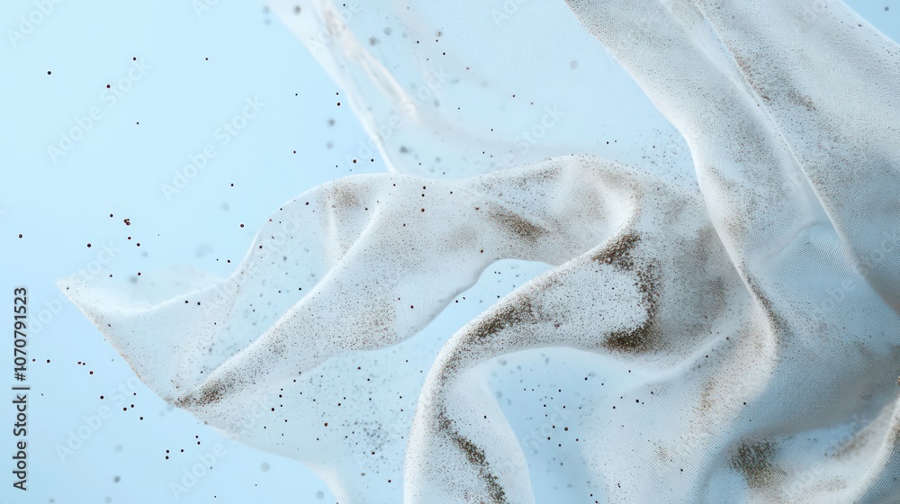 Poster A flowing fabric with particles creating a dynamic, ethereal effect against a light background.