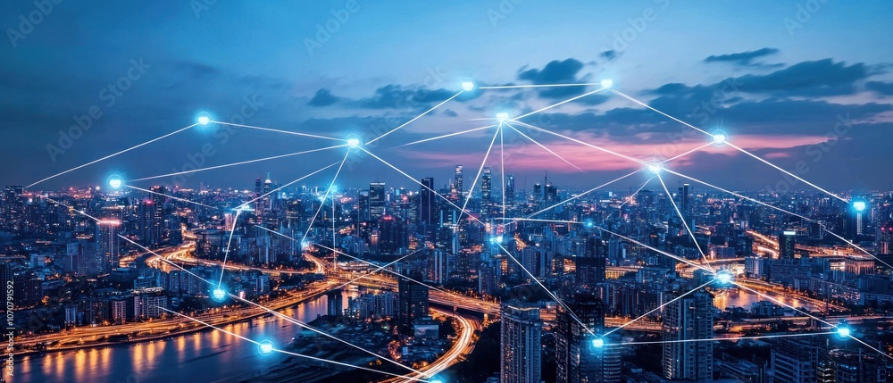 Poster a nighttime cityscape with a network of interconnected nodes
