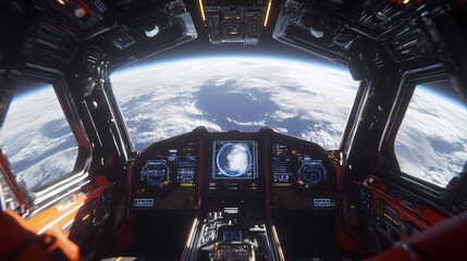 Sleek Spaceship Cockpit with Ultra-Realistic Detailing and a Stunning Earth View Through the Front Window