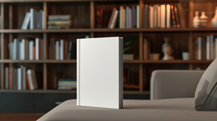 Cozy mockup of a blank book on a white table. Bright, sunlit room with a bookshelf and dried plants. Ideal for showcasing book covers in a warm setting. High quality photo