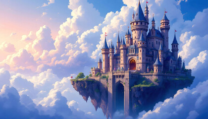 Naklejka premium A floating island with a castle in the clouds, creating a magical and fantastical atmosphere, ideal for fantasy-themed art or stories