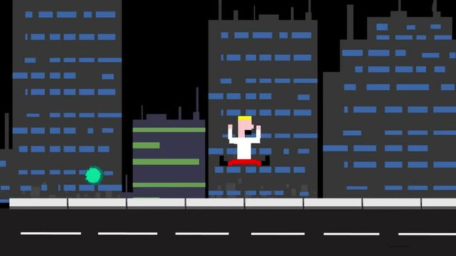 Animation of a guy running on the street and jumping in pixel art style, game.
