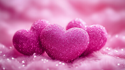 Obraz premium Sparkling pink hearts placed on a soft, fluffy background creating a romantic and whimsical visual effect.