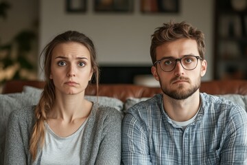 Fototapeta premium Couple sitting on a couch looking concerned during a serious conversation at home