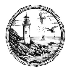 Lighthouse in Circular Composition with Seagulls and Sailboats.