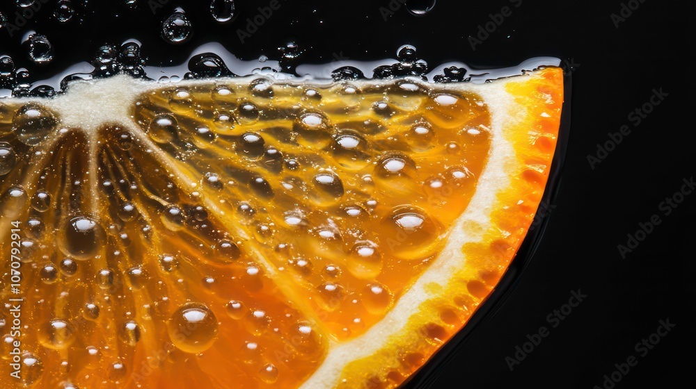 Poster a close-up of a bubbly orange slice against a dark background.